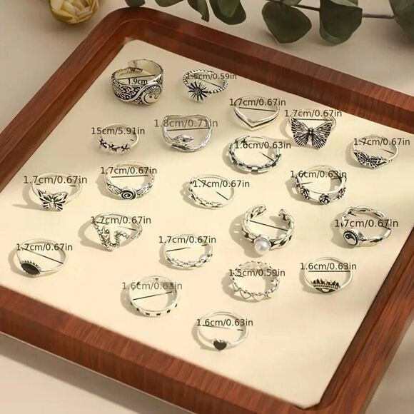 21pcs Retro Bohemian Geometric Inlaid Stacked Ring Set for Women - Picture 3 of 3